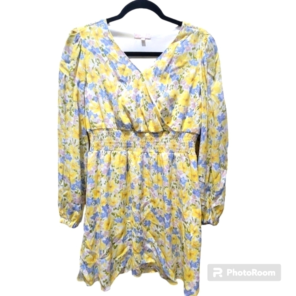 XL Floral Yellow Blue Midi Dress Cottagecore Summer Spring